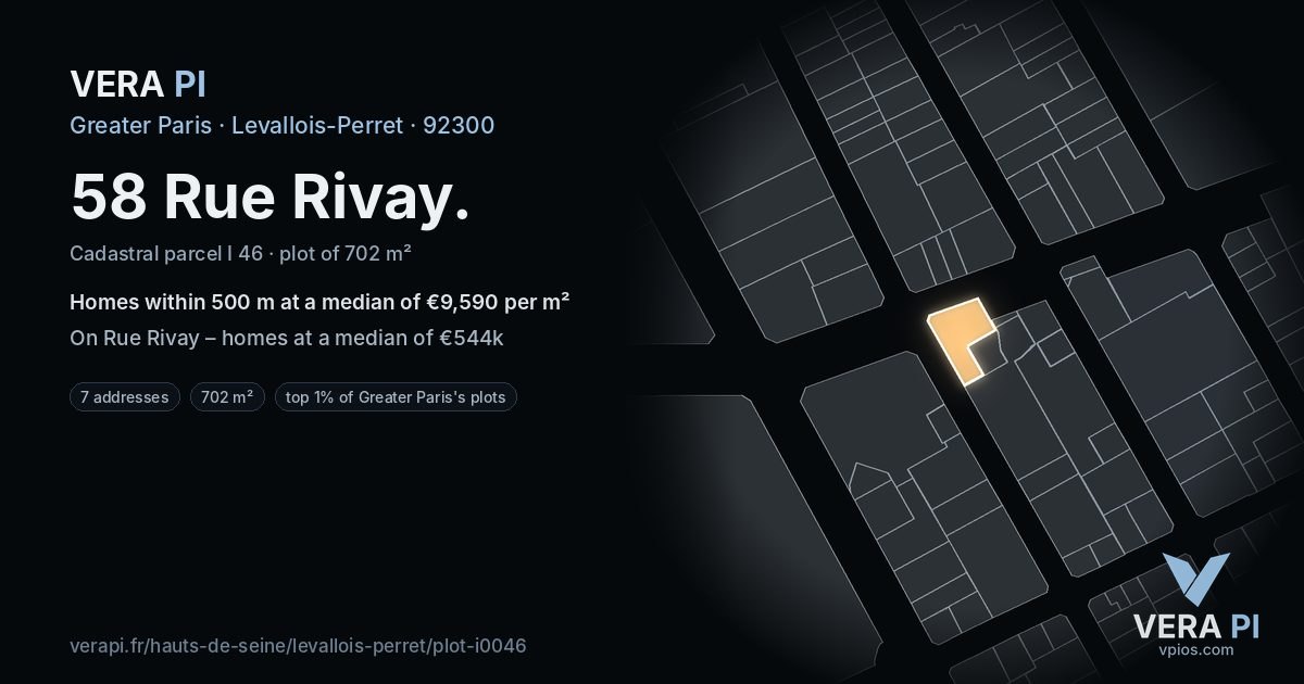 58 Rue Rivay, Levallois-Perret at night – the plot lit, the parcels around coloured by the prices near them