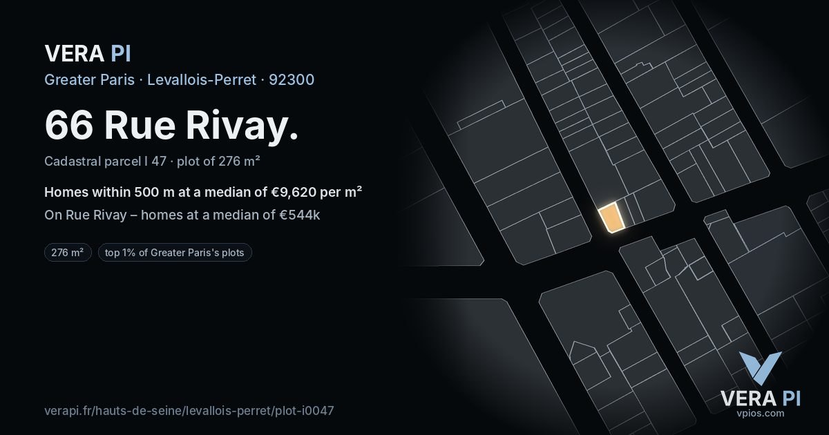 66 Rue Rivay, Levallois-Perret at night – the plot lit, the parcels around coloured by the prices near them