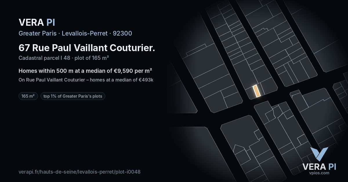 67 Rue Paul Vaillant Couturier, Levallois-Perret at night – the plot lit, the parcels around coloured by the prices near them