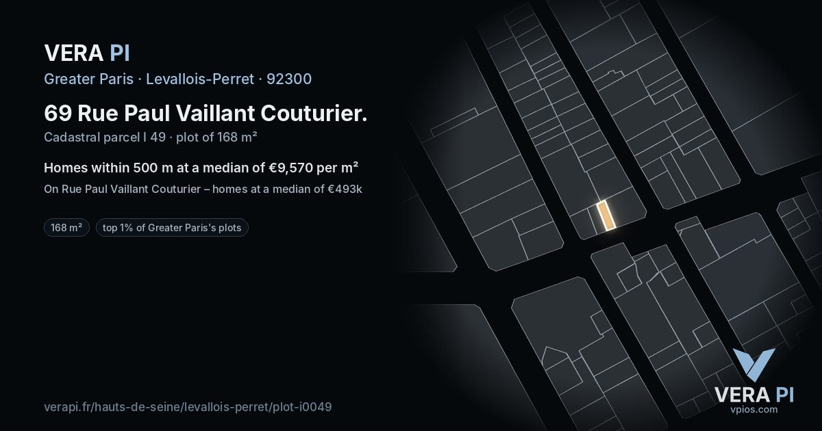 69 Rue Paul Vaillant Couturier, Levallois-Perret at night – the plot lit, the parcels around coloured by the prices near them