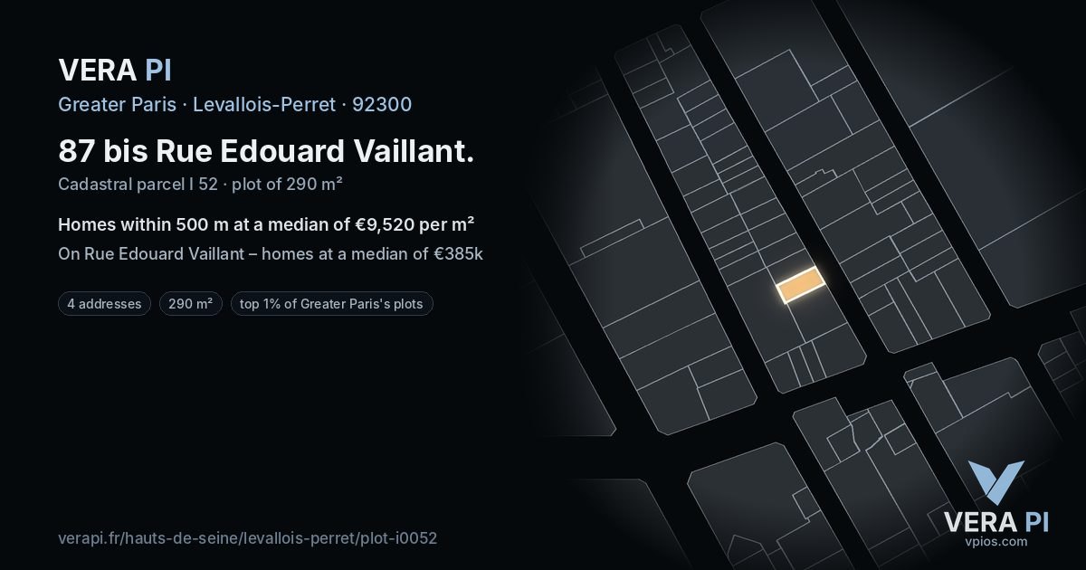 87 bis Rue Edouard Vaillant, Levallois-Perret at night – the plot lit, the parcels around coloured by the prices near them