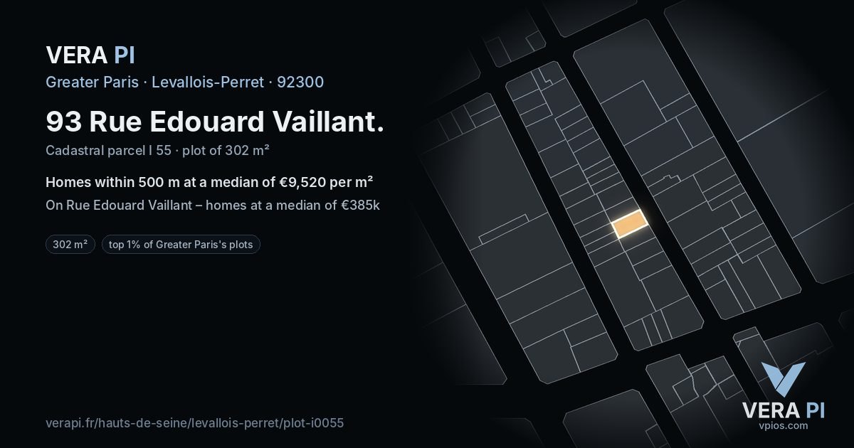 93 Rue Edouard Vaillant, Levallois-Perret at night – the plot lit, the parcels around coloured by the prices near them