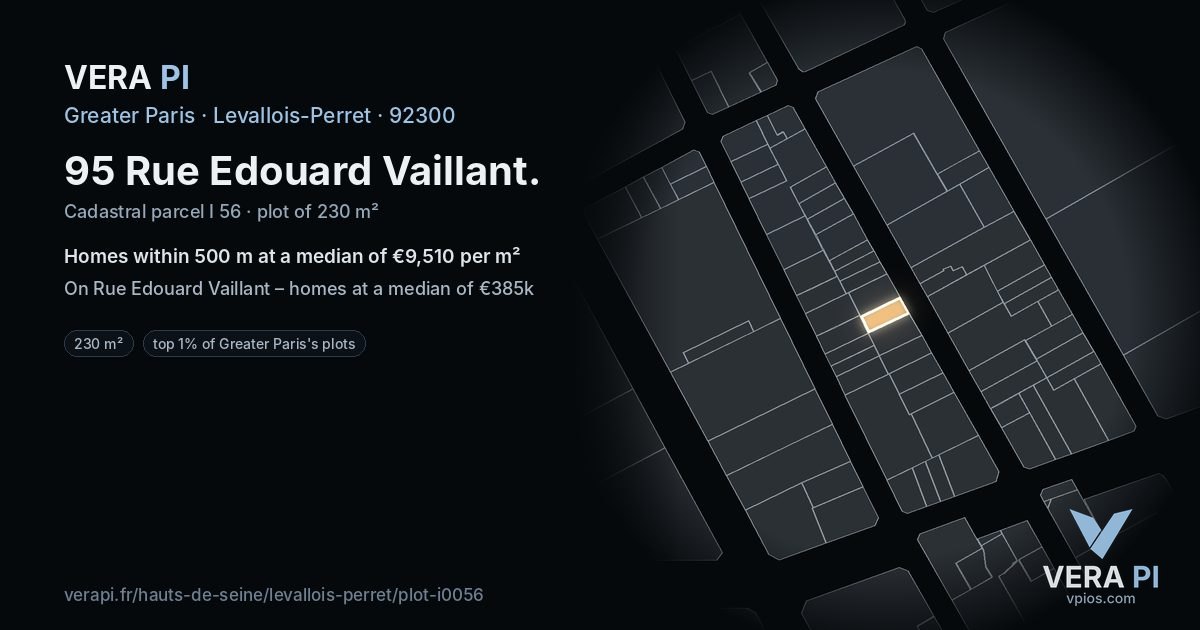 95 Rue Edouard Vaillant, Levallois-Perret at night – the plot lit, the parcels around coloured by the prices near them