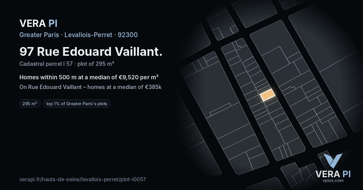 97 Rue Edouard Vaillant, Levallois-Perret at night – the plot lit, the parcels around coloured by the prices near them