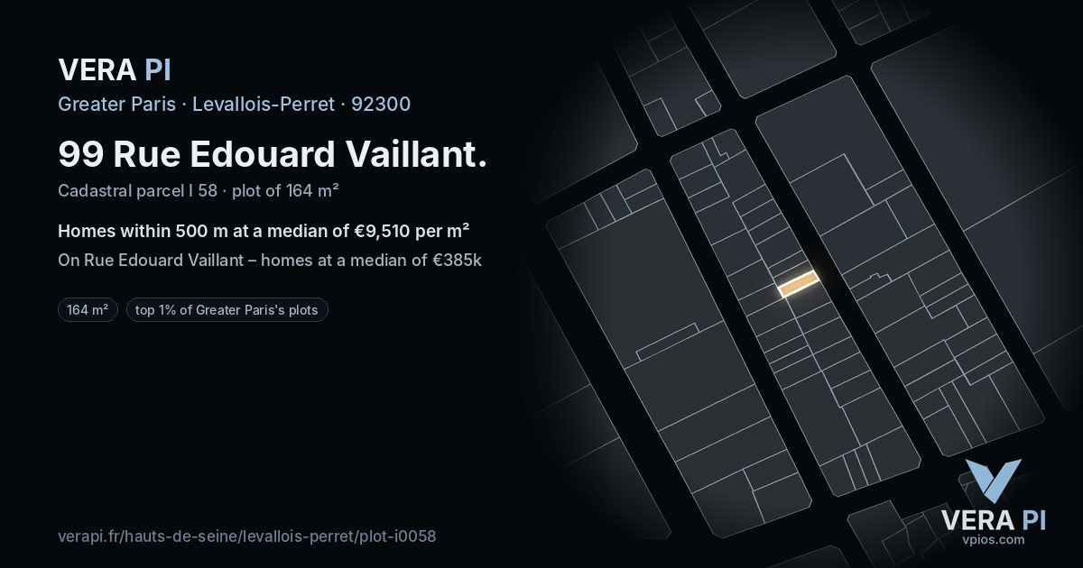 99 Rue Edouard Vaillant, Levallois-Perret at night – the plot lit, the parcels around coloured by the prices near them