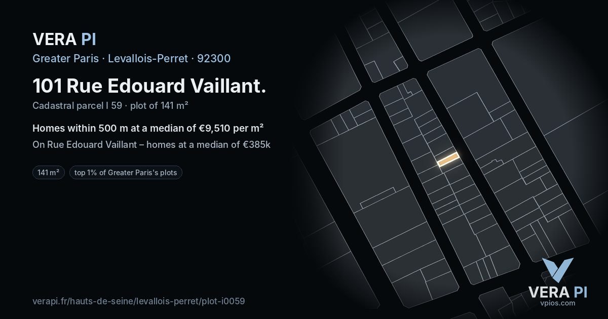101 Rue Edouard Vaillant, Levallois-Perret at night – the plot lit, the parcels around coloured by the prices near them