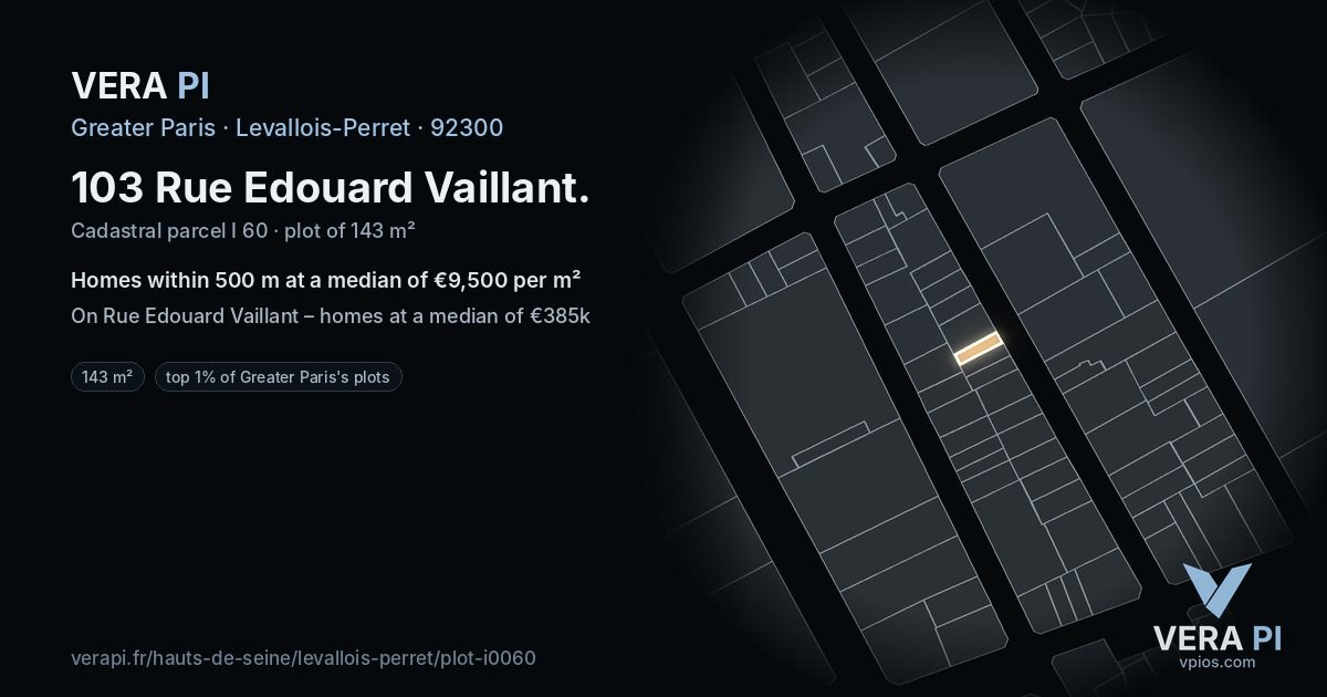 103 Rue Edouard Vaillant, Levallois-Perret at night – the plot lit, the parcels around coloured by the prices near them