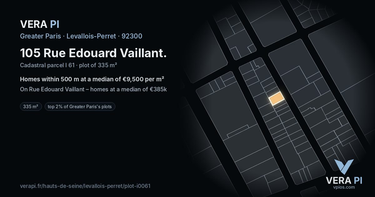 105 Rue Edouard Vaillant, Levallois-Perret at night – the plot lit, the parcels around coloured by the prices near them