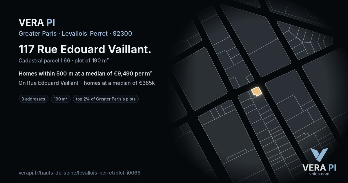 117 Rue Edouard Vaillant, Levallois-Perret at night – the plot lit, the parcels around coloured by the prices near them