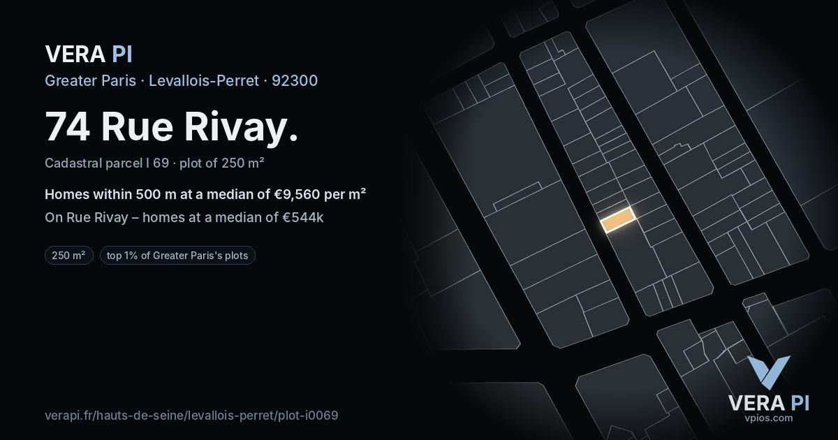 74 Rue Rivay, Levallois-Perret at night – the plot lit, the parcels around coloured by the prices near them