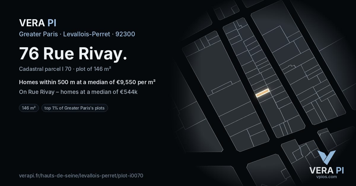 76 Rue Rivay, Levallois-Perret at night – the plot lit, the parcels around coloured by the prices near them