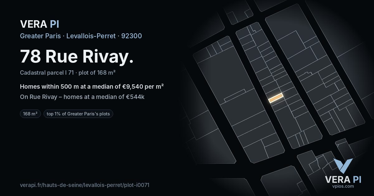 78 Rue Rivay, Levallois-Perret at night – the plot lit, the parcels around coloured by the prices near them