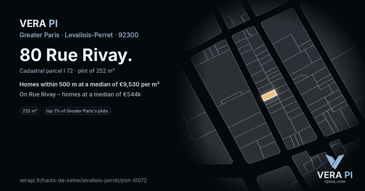 80 Rue Rivay, Levallois-Perret at night – the plot lit, the parcels around coloured by the prices near them