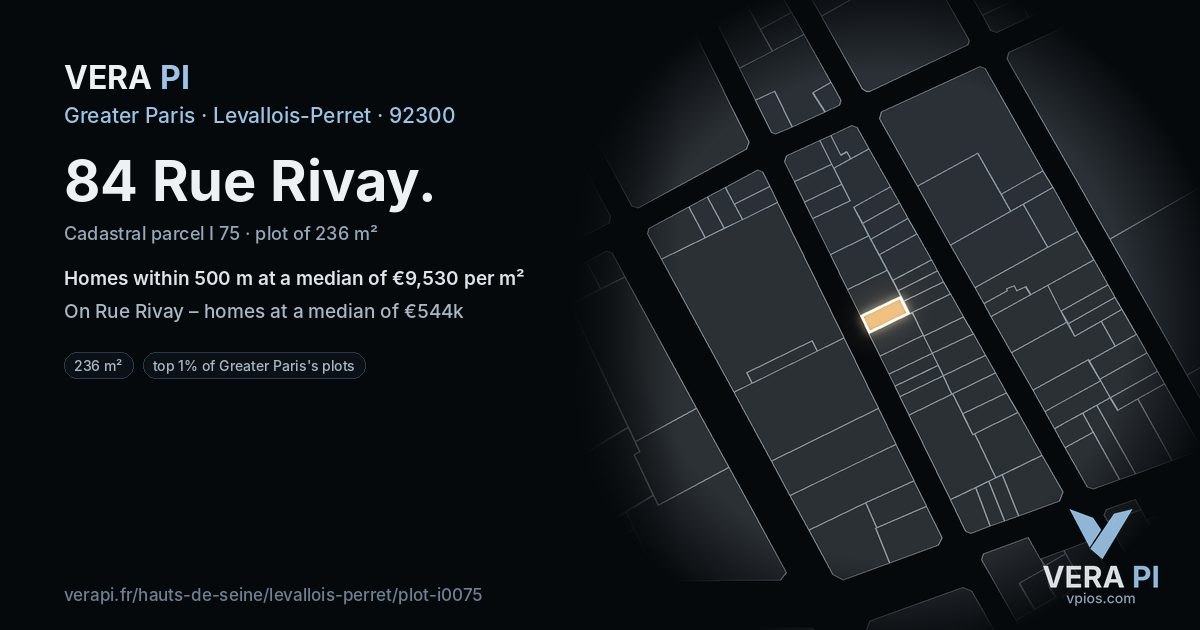 84 Rue Rivay, Levallois-Perret at night – the plot lit, the parcels around coloured by the prices near them