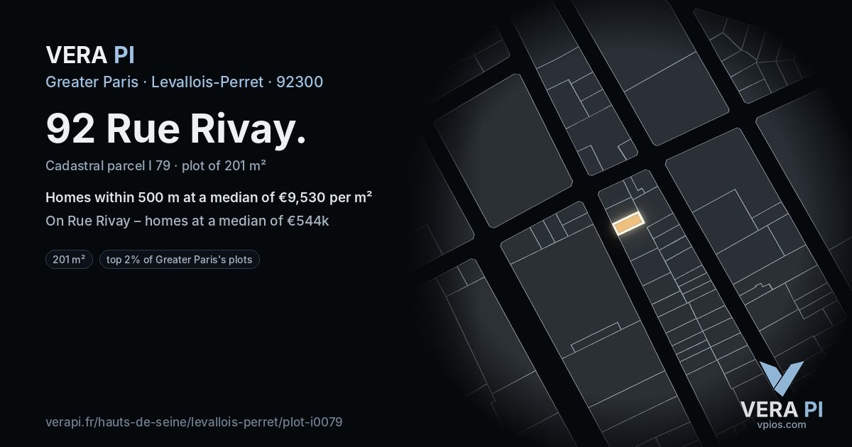 92 Rue Rivay, Levallois-Perret at night – the plot lit, the parcels around coloured by the prices near them