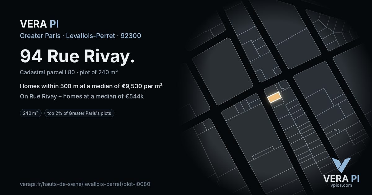 94 Rue Rivay, Levallois-Perret at night – the plot lit, the parcels around coloured by the prices near them