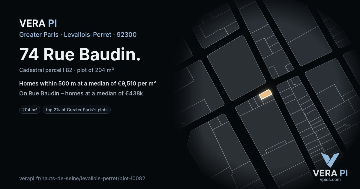 74 Rue Baudin, Levallois-Perret at night – the plot lit, the parcels around coloured by the prices near them