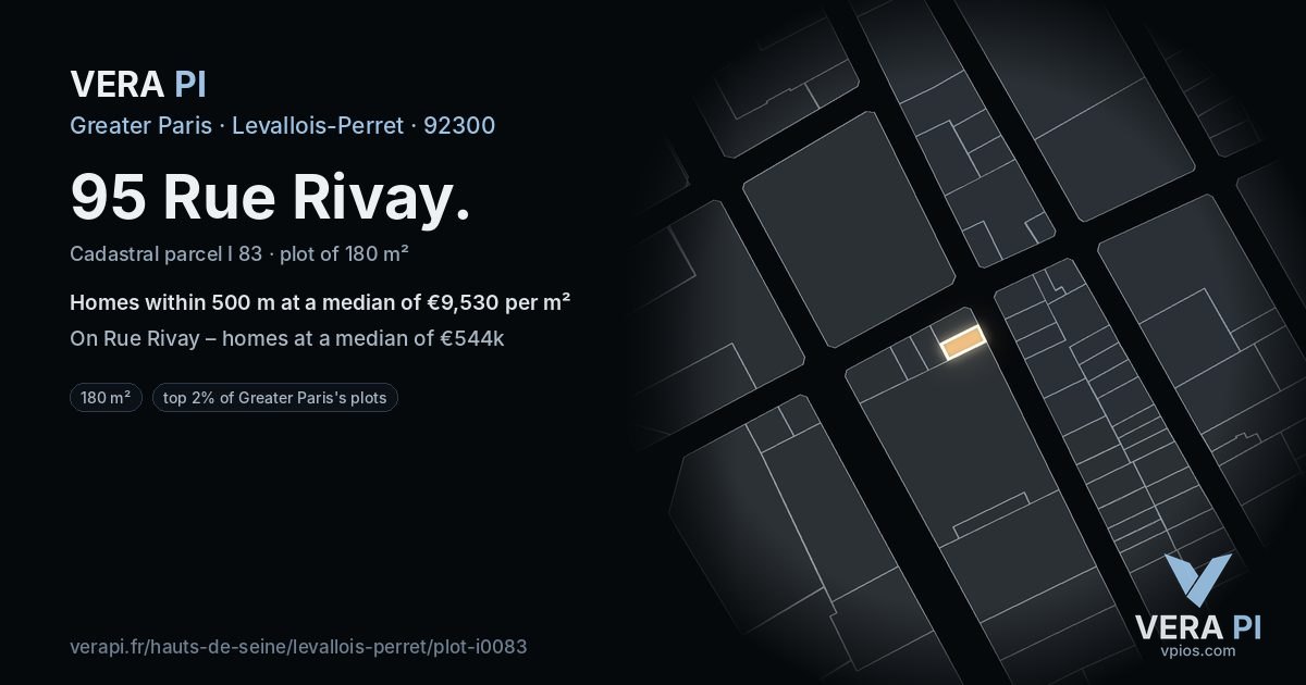95 Rue Rivay, Levallois-Perret at night – the plot lit, the parcels around coloured by the prices near them