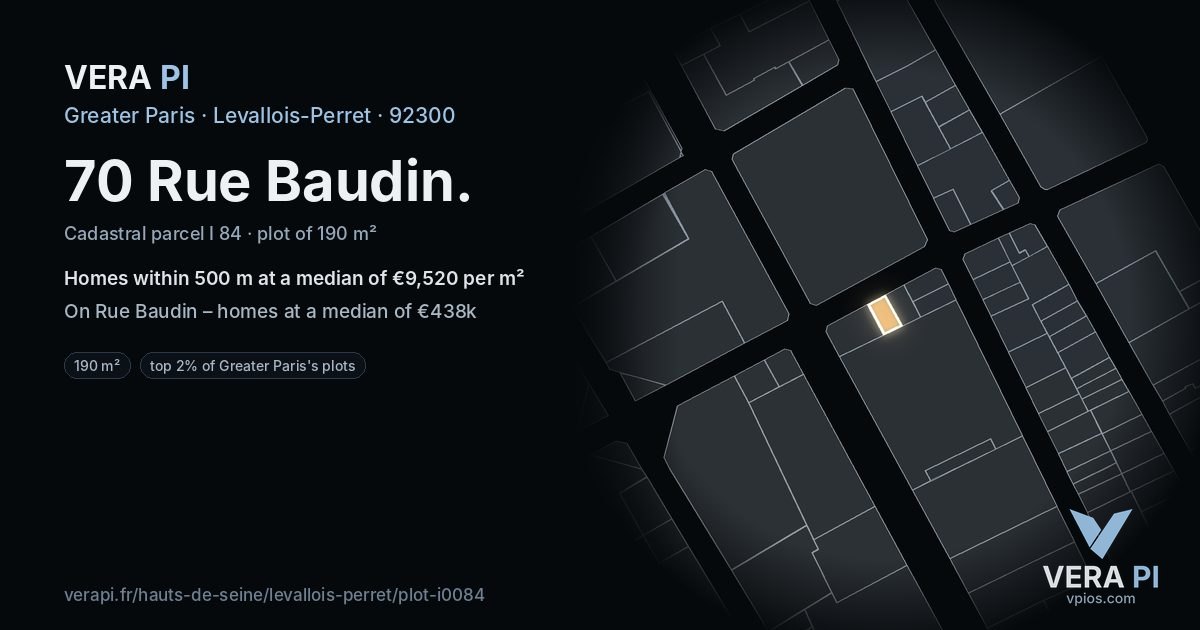 70 Rue Baudin, Levallois-Perret at night – the plot lit, the parcels around coloured by the prices near them