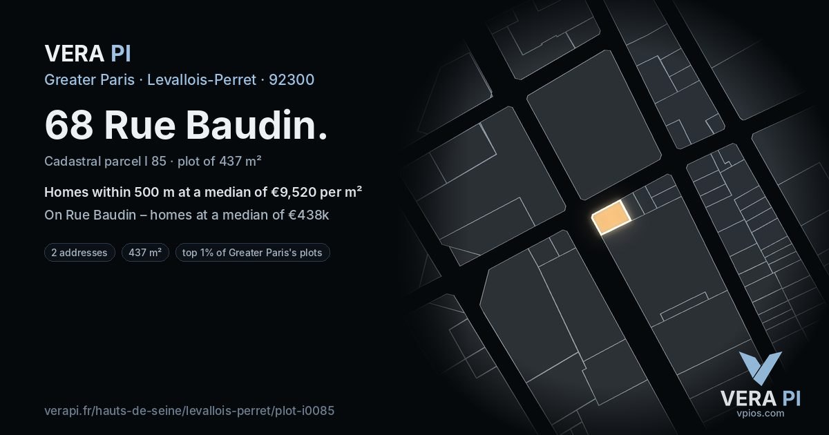 68 Rue Baudin, Levallois-Perret at night – the plot lit, the parcels around coloured by the prices near them
