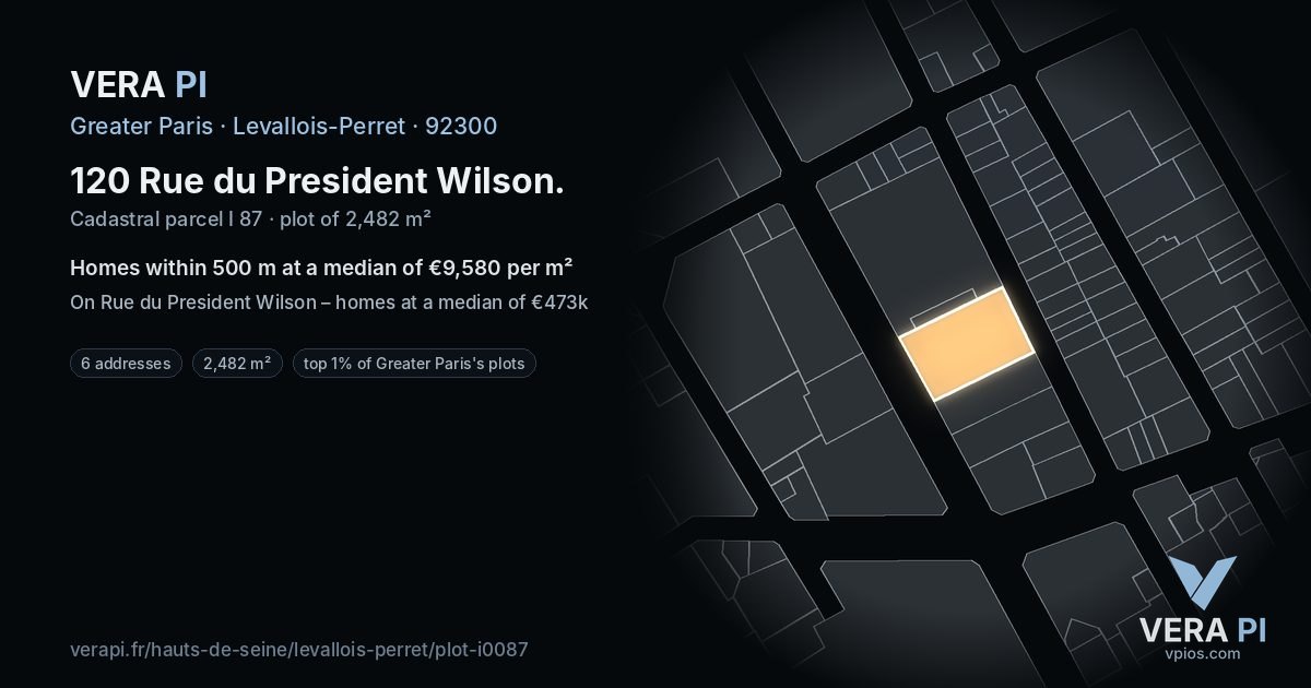120 Rue du President Wilson, Levallois-Perret at night – the plot lit, the parcels around coloured by the prices near them