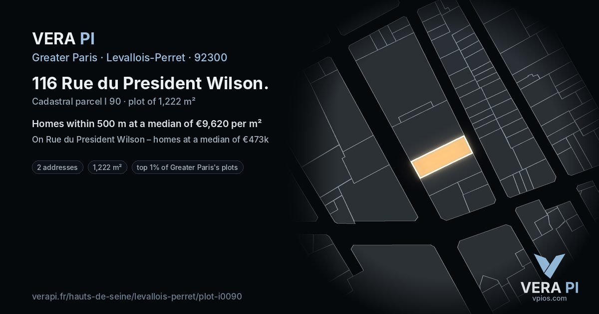 116 Rue du President Wilson, Levallois-Perret at night – the plot lit, the parcels around coloured by the prices near them
