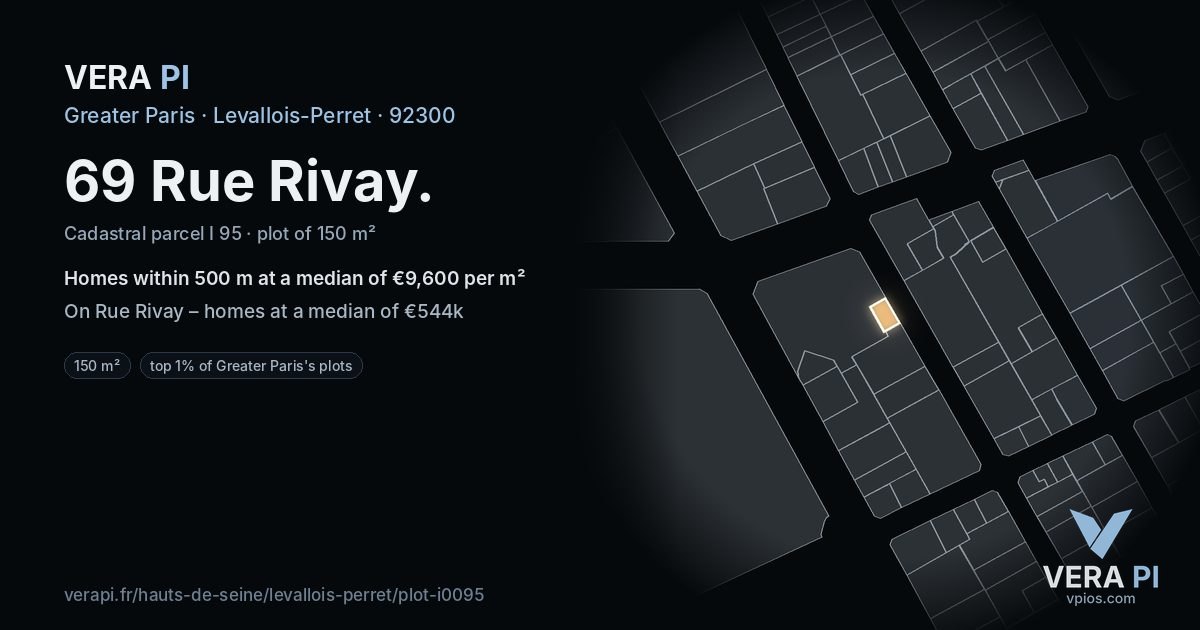 69 Rue Rivay, Levallois-Perret at night – the plot lit, the parcels around coloured by the prices near them