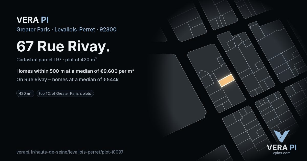 67 Rue Rivay, Levallois-Perret at night – the plot lit, the parcels around coloured by the prices near them