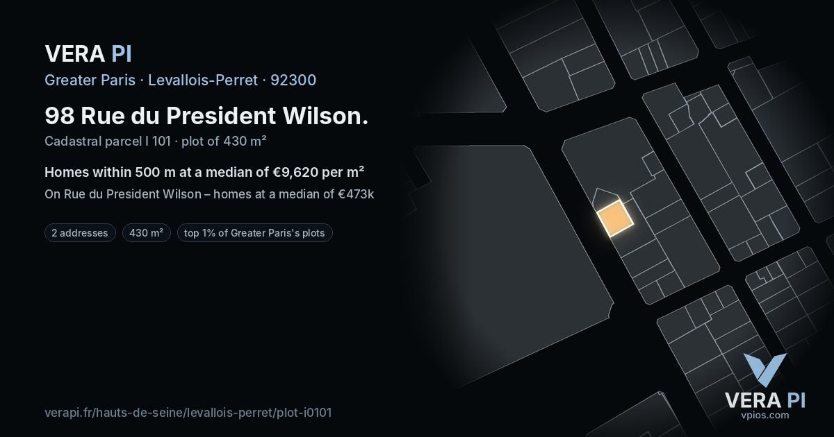 98 Rue du President Wilson, Levallois-Perret at night – the plot lit, the parcels around coloured by the prices near them