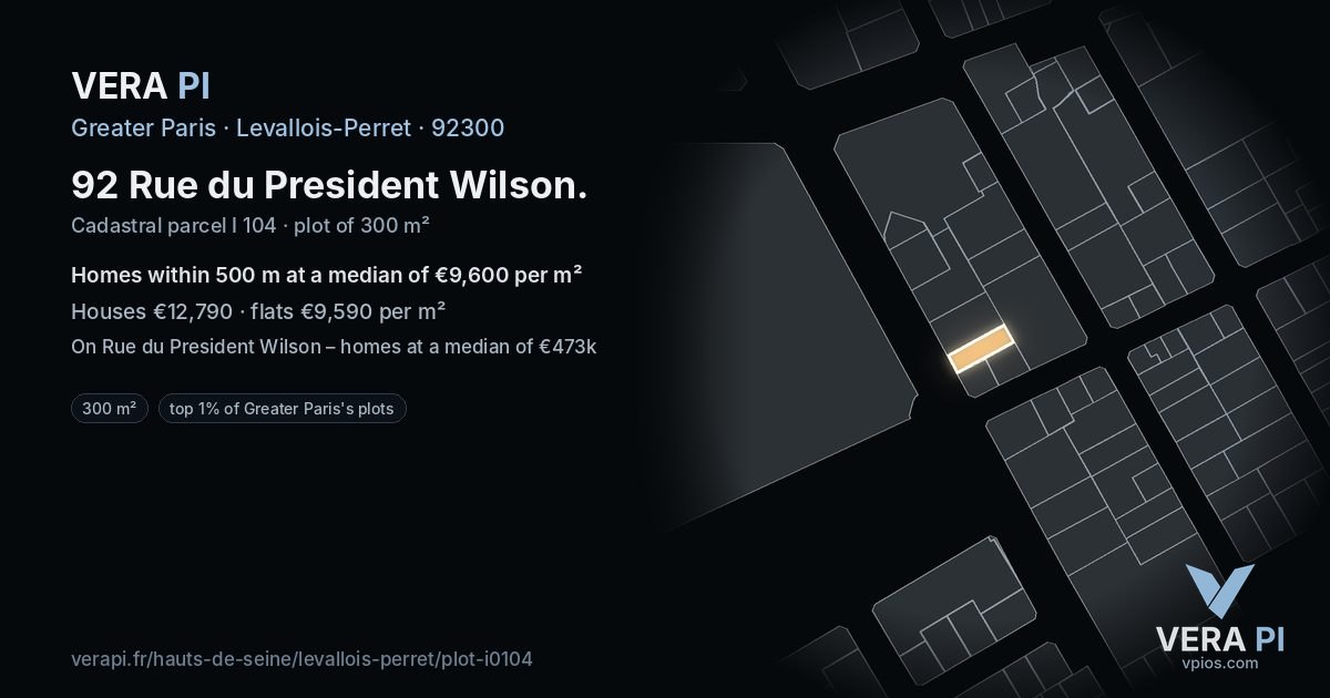 92 Rue du President Wilson, Levallois-Perret at night – the plot lit, the parcels around coloured by the prices near them