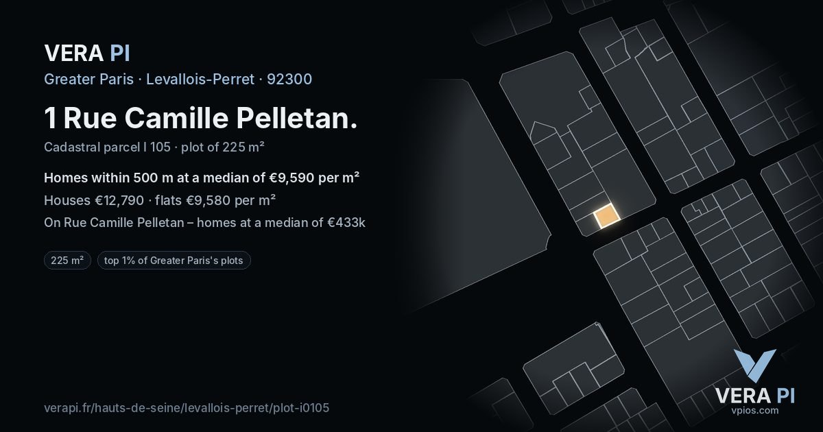 1 Rue Camille Pelletan, Levallois-Perret at night – the plot lit, the parcels around coloured by the prices near them