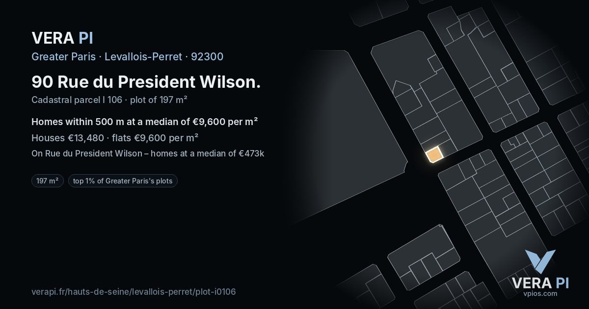 90 Rue du President Wilson, Levallois-Perret at night – the plot lit, the parcels around coloured by the prices near them