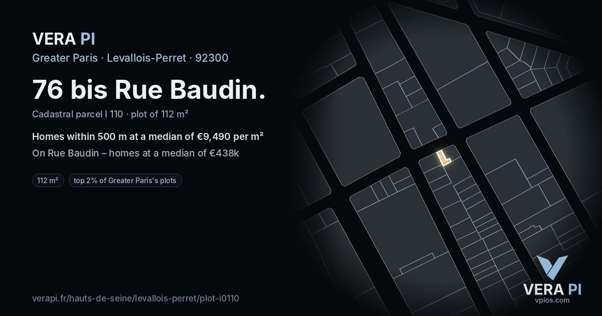 76 bis Rue Baudin, Levallois-Perret at night – the plot lit, the parcels around coloured by the prices near them
