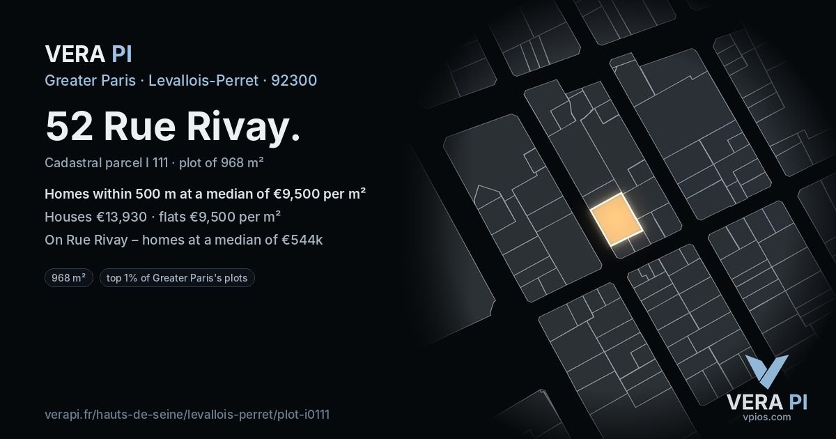 52 Rue Rivay, Levallois-Perret at night – the plot lit, the parcels around coloured by the prices near them