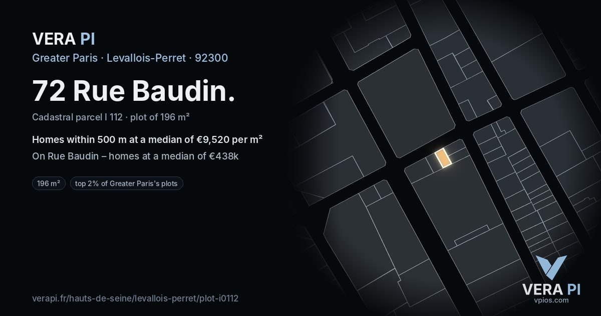 72 Rue Baudin, Levallois-Perret at night – the plot lit, the parcels around coloured by the prices near them