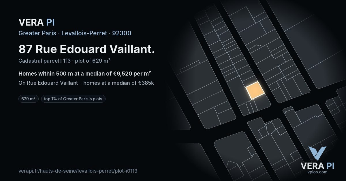 87 Rue Edouard Vaillant, Levallois-Perret at night – the plot lit, the parcels around coloured by the prices near them
