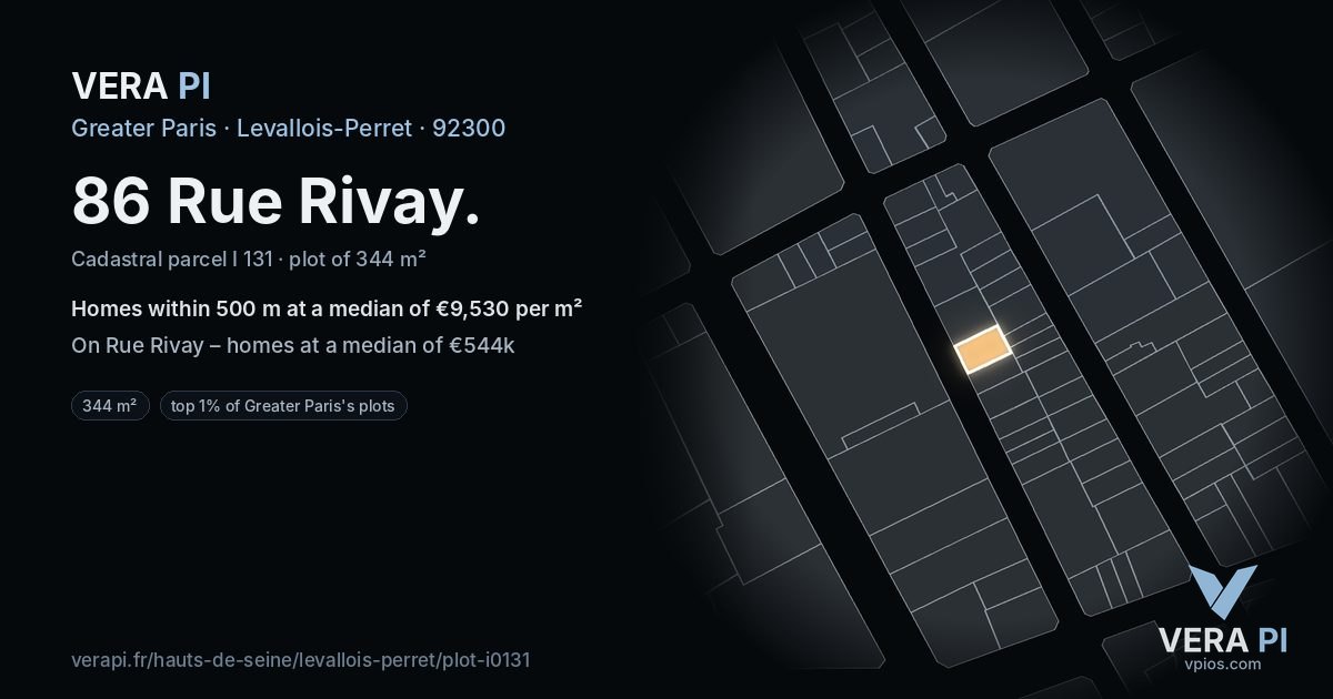 86 Rue Rivay, Levallois-Perret at night – the plot lit, the parcels around coloured by the prices near them