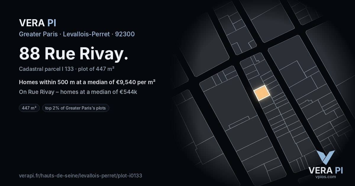 88 Rue Rivay, Levallois-Perret at night – the plot lit, the parcels around coloured by the prices near them