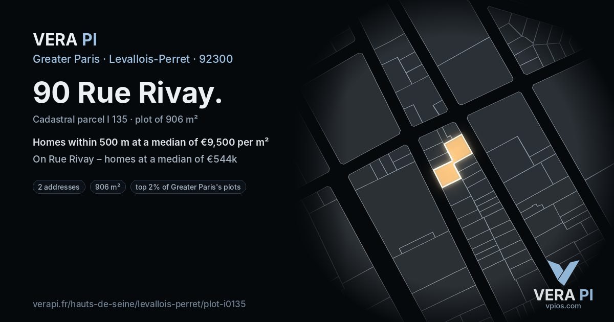 90 Rue Rivay, Levallois-Perret at night – the plot lit, the parcels around coloured by the prices near them