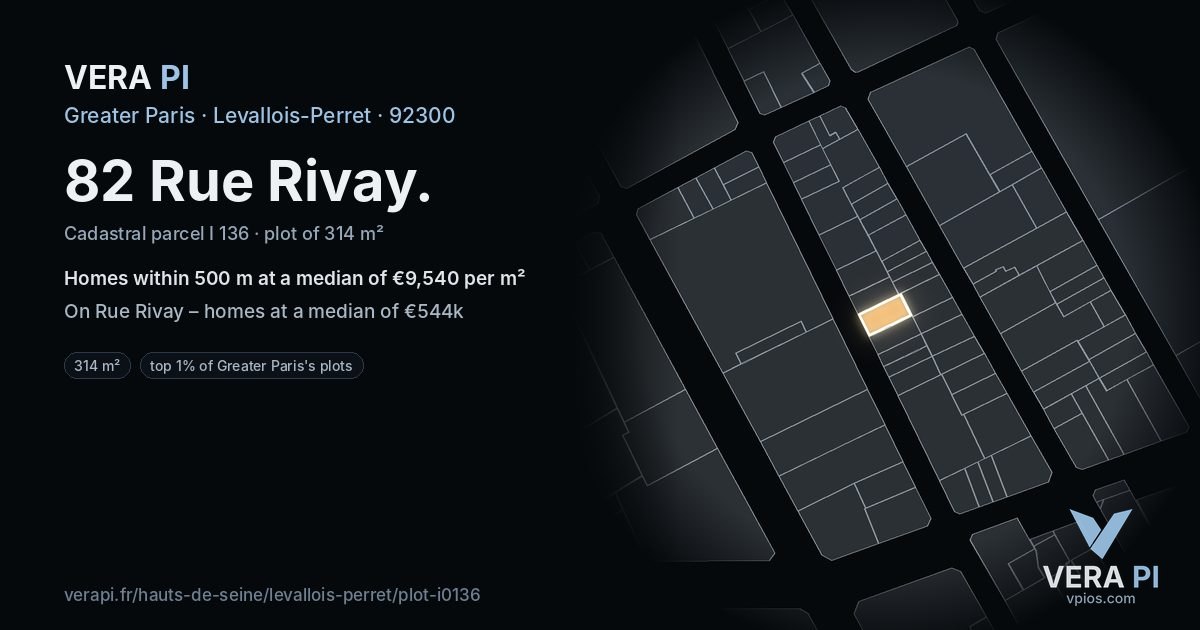 82 Rue Rivay, Levallois-Perret at night – the plot lit, the parcels around coloured by the prices near them
