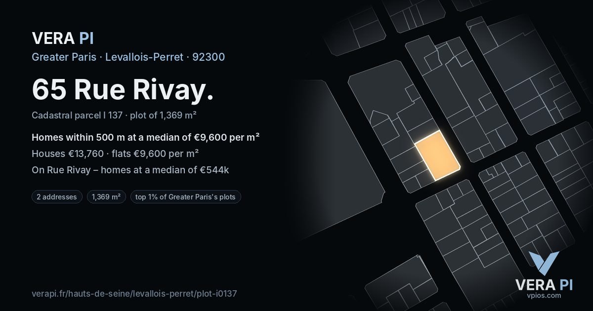65 Rue Rivay, Levallois-Perret at night – the plot lit, the parcels around coloured by the prices near them