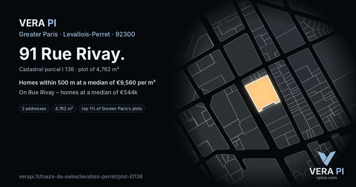 91 Rue Rivay, Levallois-Perret at night – the plot lit, the parcels around coloured by the prices near them