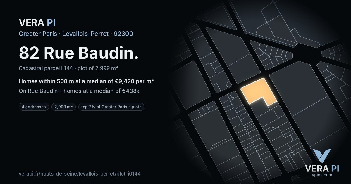 82 Rue Baudin, Levallois-Perret at night – the plot lit, the parcels around coloured by the prices near them