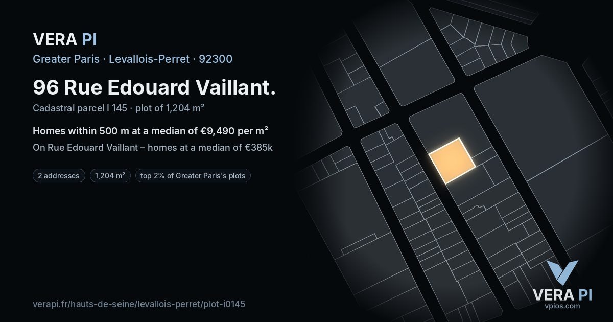 96 Rue Edouard Vaillant, Levallois-Perret at night – the plot lit, the parcels around coloured by the prices near them