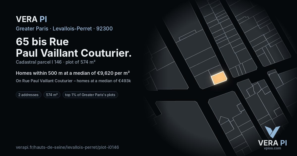 65 bis Rue Paul Vaillant Couturier, Levallois-Perret at night – the plot lit, the parcels around coloured by the prices near them