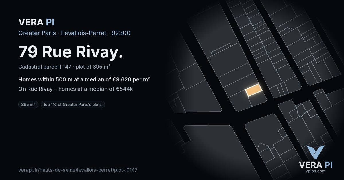 79 Rue Rivay, Levallois-Perret at night – the plot lit, the parcels around coloured by the prices near them