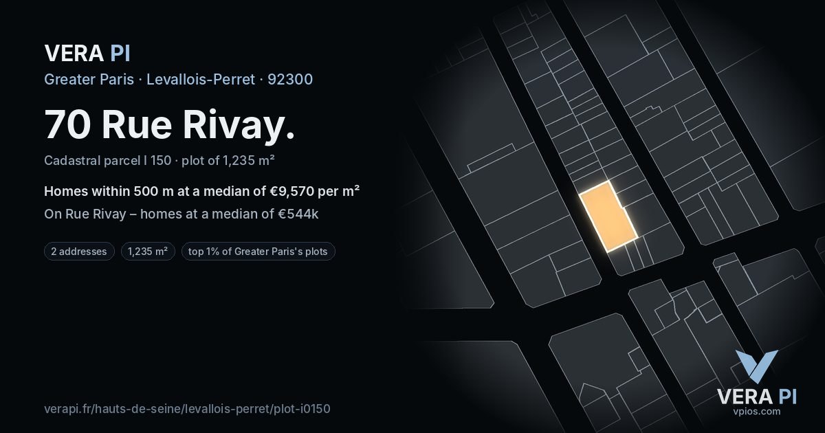 70 Rue Rivay, Levallois-Perret at night – the plot lit, the parcels around coloured by the prices near them