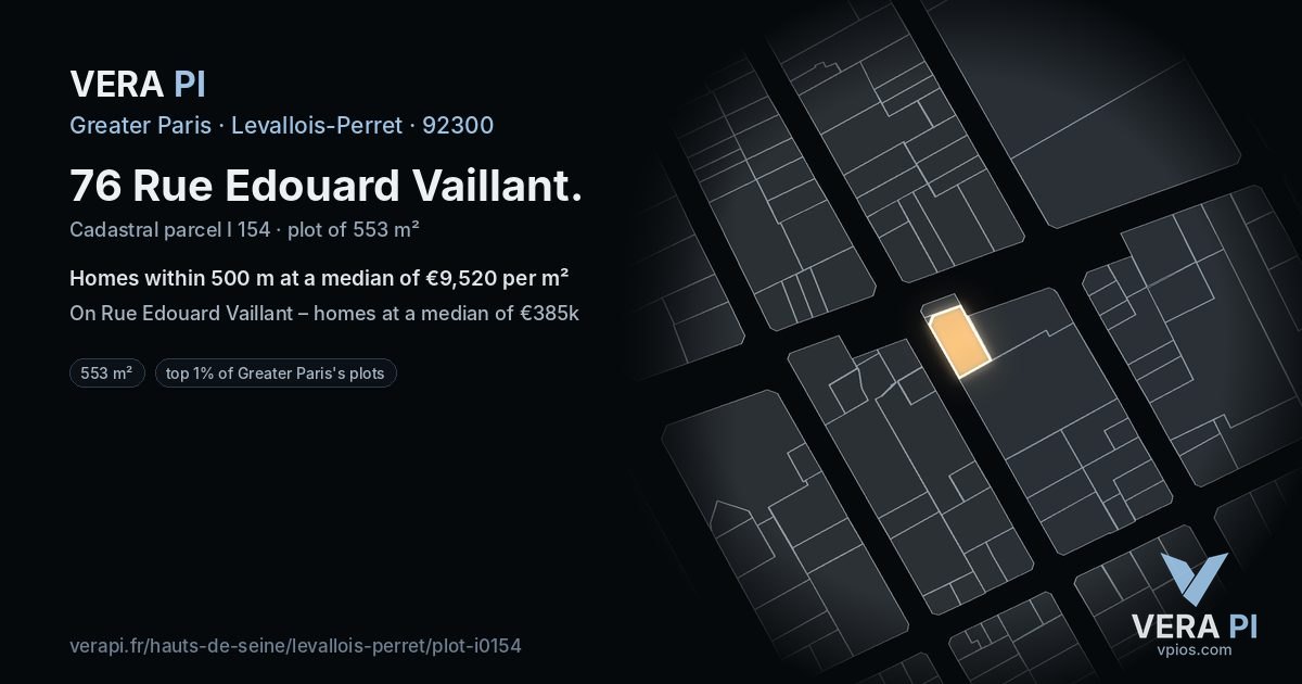 76 Rue Edouard Vaillant, Levallois-Perret at night – the plot lit, the parcels around coloured by the prices near them