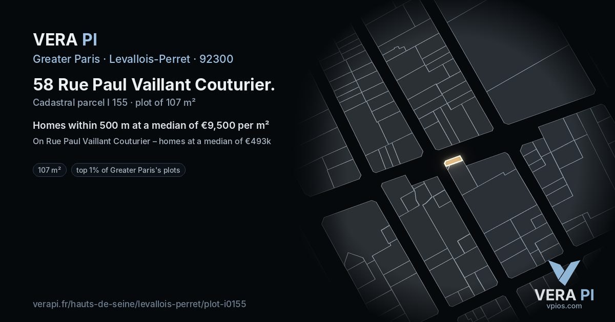 58 Rue Paul Vaillant Couturier, Levallois-Perret at night – the plot lit, the parcels around coloured by the prices near them