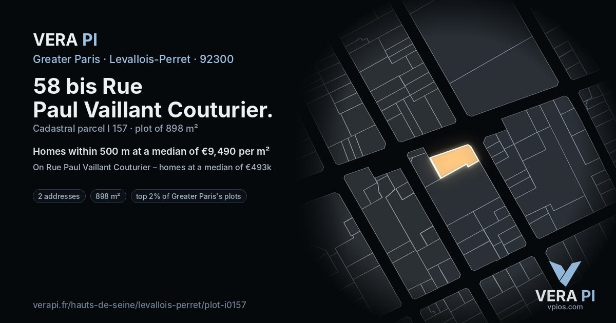 58 bis Rue Paul Vaillant Couturier, Levallois-Perret at night – the plot lit, the parcels around coloured by the prices near them